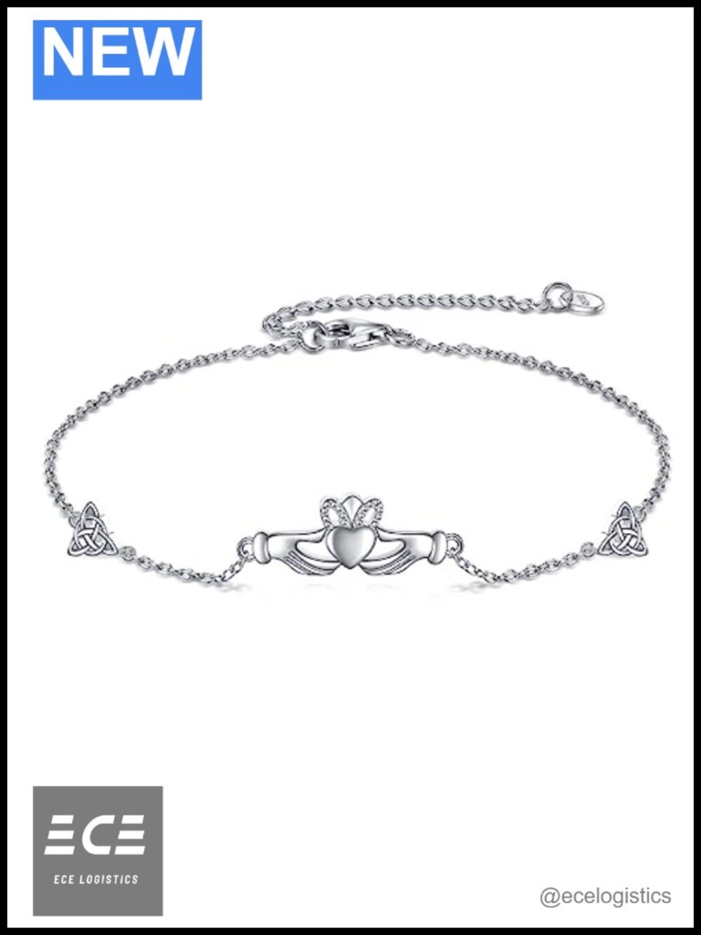 Sterling Silver Claddagh Link Bracelet Adjustable Charm Friendship Gift